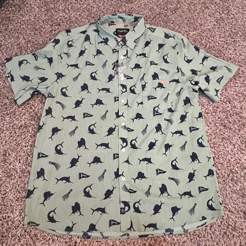 Salt Life SLX Performance Mens XL Short Sleeve Button Down Shirt Green Marlin